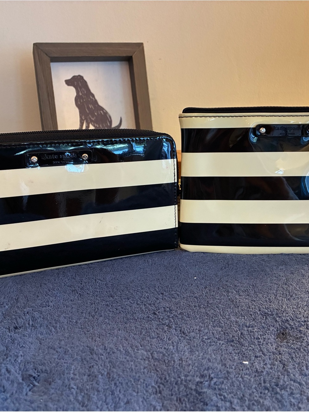 kate spade Black and Cream Horizontal Stripe Patent wallet and pouch